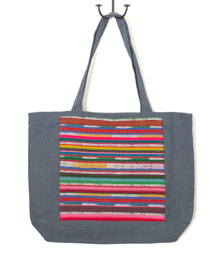 Upcycled Denim tote market bag with mayan textiles