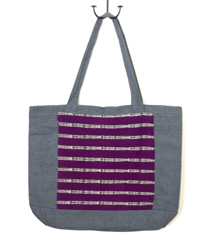 Upcycled Denim tote market bag with mayan textiles